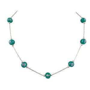 Green Floral Design Glass Bead Station Necklace | NWOT Sterling Silver 925 | 16"
